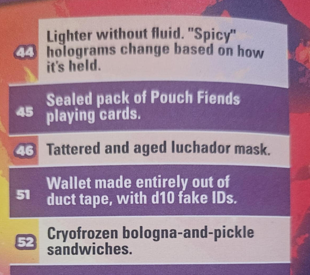 The entries are: 44.Lighter without fluid. "Spicy" holograms change based on how it is held. 45. Sealed pack of "Pouch Fiend" playing cards. 46. Tattered and aged Luchador mask. 51. Wallet made entirely out of duct tape, with d10 fake IDs. 52. Cryofrozen b